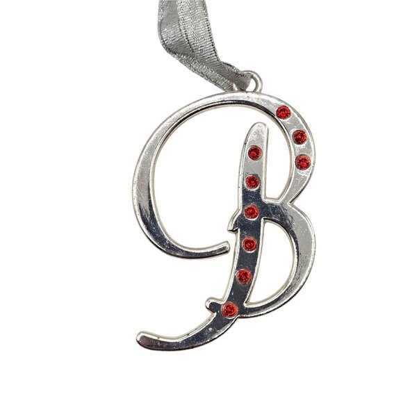 Christmas Ornament SilverTone Letter B Script Red Rhinestone Gift Pendant Charm - Picture 2 of 9